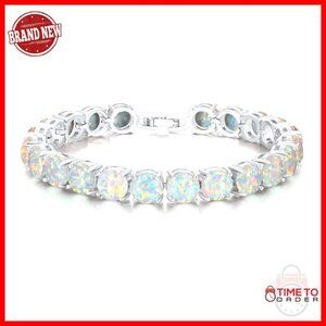 18K White Gold Plated Created Opal Crystal Tennis Bracelet 20.7cm